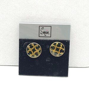 Sequin Gold and Black Enamel Round Stud Earrings On Card 1980s